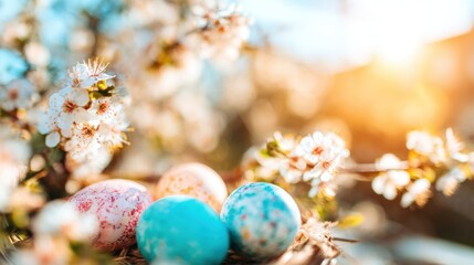 Fototapeta premium Easter eggs in a nest among blooming flowers and sunlight outdoors
