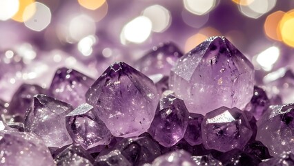 Fototapeta premium Macro Shot of Purple Amethyst Crystal Cluster with Golden Bokeh Background