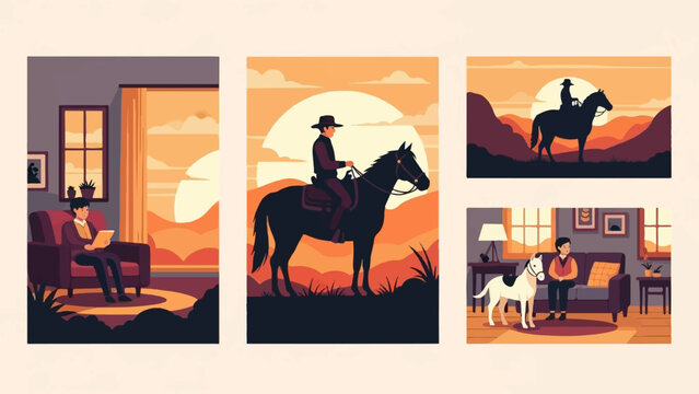 Pixelated scenes of indoor relaxation, horseback riding, and domestic companionship
