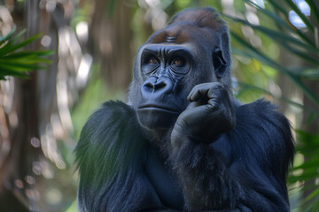 Fototapeta premium Thoughtful gorilla resting chin on hand in tropical forest