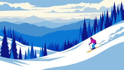 Winter mountain landscape vector illustration of a skier on a snowy slope with pine trees and layered hills under a cloudy sky © PDWN Creative