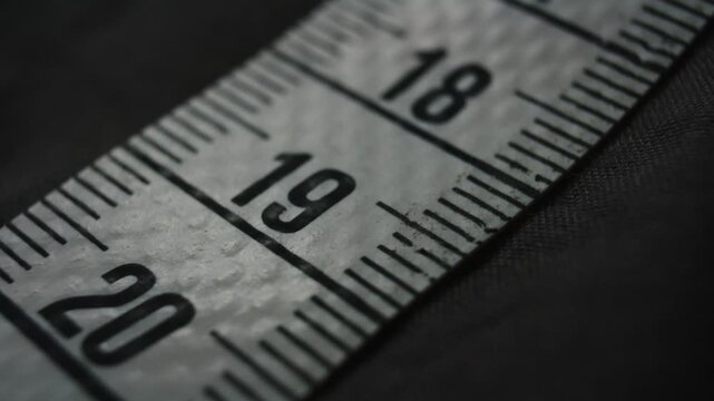 Close up shot of a measuring tape lying on dark fabric with subtle movement, as if being gently pulled. Abstract and minimal scene representing measurement, size, precision, tailoring, planning, fitne