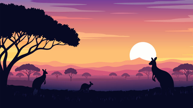 Vibrant vector illustration of kangaroos in the Australian outback at sunset, with acacia trees and a warm color palette