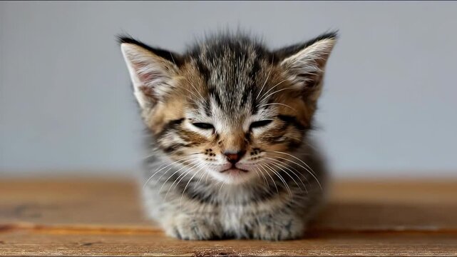 Tiny kitten yawning and displaying its teeth, capturing an adorable moment of relaxation in a playful feline. Yawning Kitten on Wooden Floor &ndash; Animated Video Version