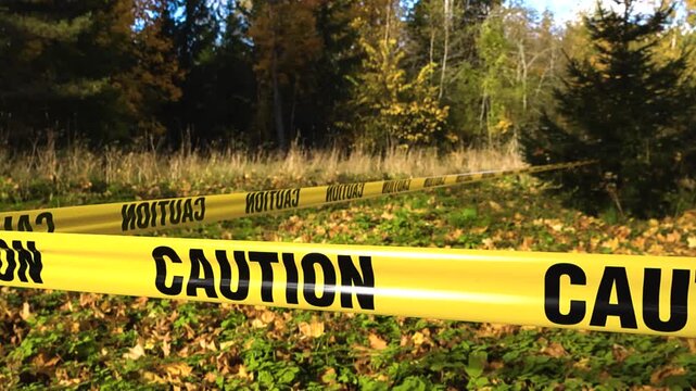 Bright yellow caution tape stretches through a sunny autumn woodland, creating a tense and mysterious scene with shallow depth of field and fallen leaves.
