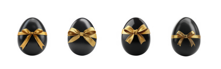 Set of four black easter eggs with gold bows on transparent background high quality professional detailed