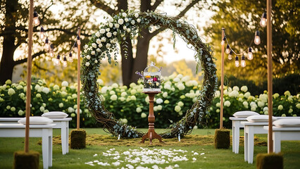 Fototapeta premium Beautiful wedding arch decoration with white flowers and greenery