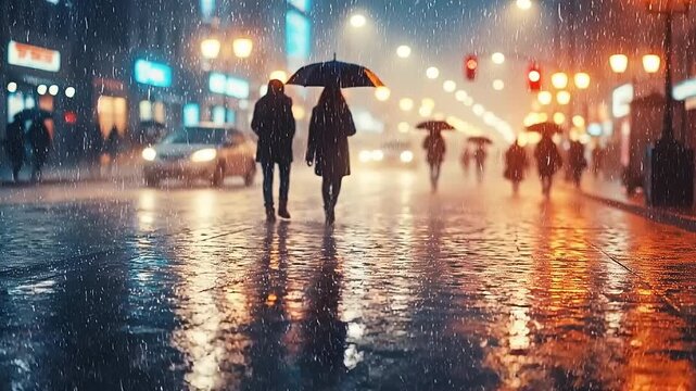 Cityscape Serenade: Amidst a rain-swept cityscape, figures stroll with umbrellas, their silhouettes reflected in the glistening street. The neon glow of the city lights dances on the wet pavement.