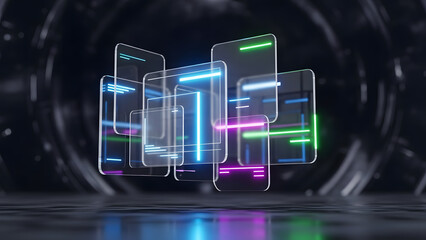 Floating futuristic glass UI screens with neon light lines and digital interface elements