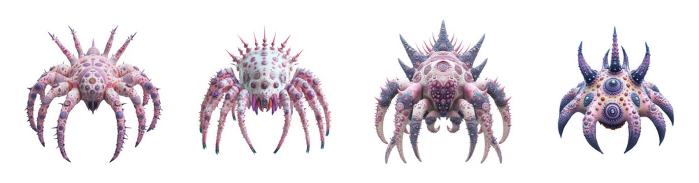 a collection of abstract alien crab creatures in pink purple and blue hues on transparent background