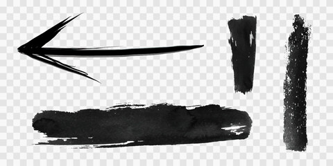 Black brush stroke. Hand drawn ink spot isolated on transparent background. Arrow vector icons set.