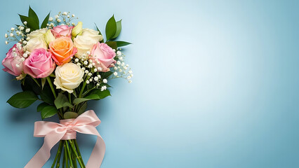 Beautiful bouquet of roses with pink ribbon on blue background