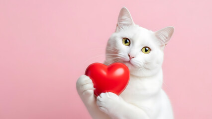 Adorable white cat holding red heart against pink background