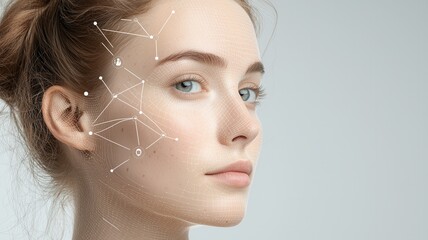 Woman's face with facial recognition grid, analyzing biometric data for security verification identity