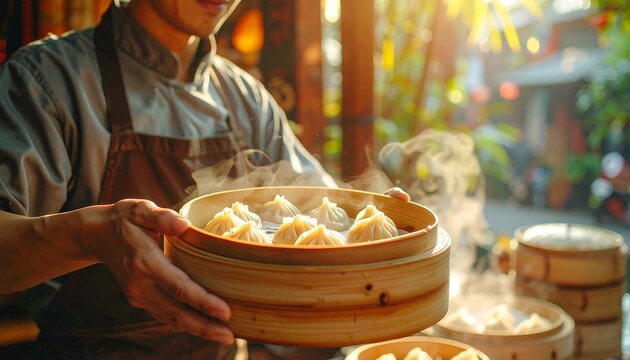 Person serving hot steamed dumplings in a traditional bamboo street restaurant; delicious tasty food, concept without visible face