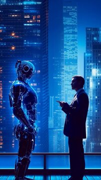 Futuristic scene of a businessman facing a glowing humanoid AI figure in a modern city at night representing human and artificial intelligence digital transformation and the future of technology