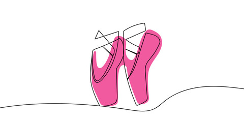 Continuous, colored line art of ballet shoes. outline minimalist vector illustration Editable stroke.