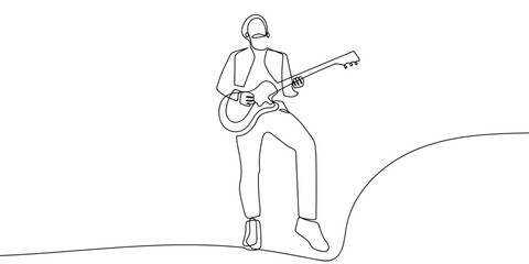 The continuous artistic line of the guitarist of the band. outline minimalist vector illustration Editable stroke.