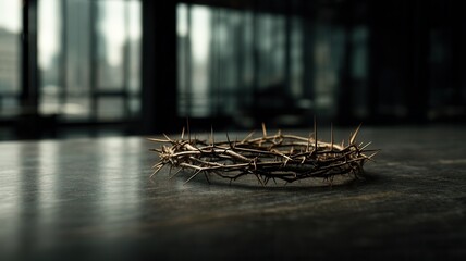 Fototapeta premium Crown of thorns with sharp spikes on a dark background, symbolizing sacrifice, pain, and faith in christian devotion