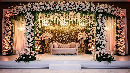 Luxurious wedding stage decorated with flowers and chandelier