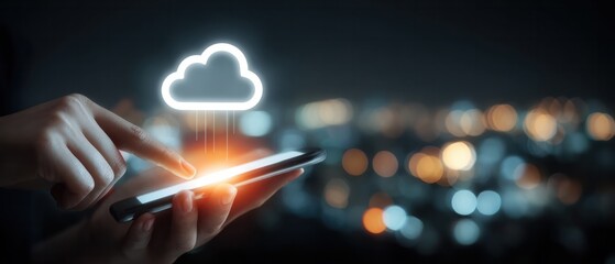 Mobile cloud data management urban cityscape digital technology nighttime environment close-up view innovative connectivity