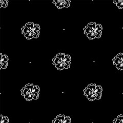 Simple floral black and white print for fabric, bandana, textile products, packaging. Seamless repeating vector pattern.  White flowers on a black background. A hand-drawn ink drawing.