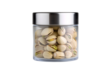 Glass jar filled with pistachios for Lunar New Year snack gift, isolated on transparent background