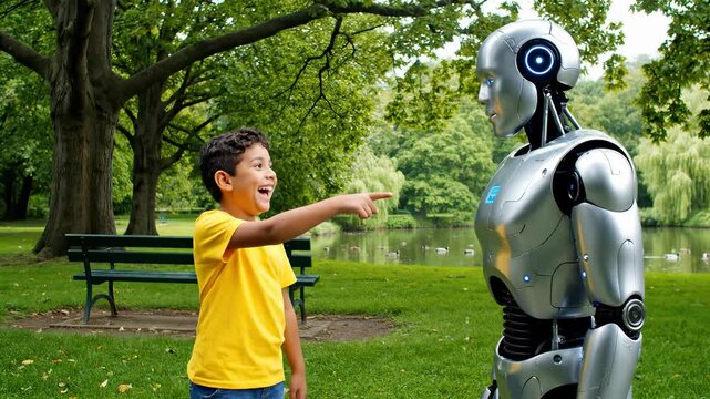 Child interacts with friendly robot in park. Joyful moments capture child's excitement as they communicate with advanced technology. Nature surrounds them, creating a playful atmosphere.