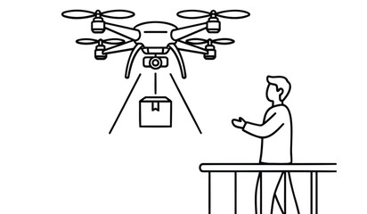 Man operating drone with camera and bag attachment in air remote control in hand on table