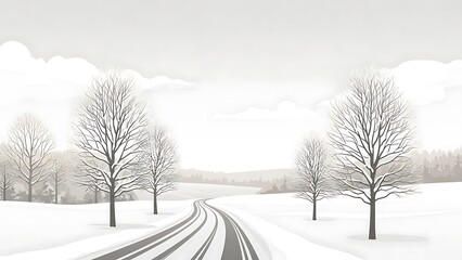 Snowy road with bare trees on a winter landscape background frosty weather conditions serene and peaceful atmosphere cold climate rural scenery