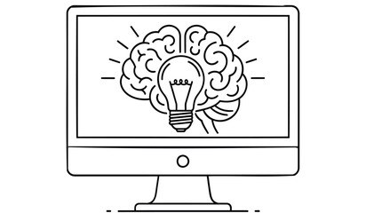 Computer monitor displays brain with creative lightbulb moment on screen symbolizing innovation and idea generation in business and technology