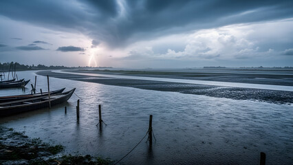 Obraz premium Traditional wooden boats moored on a riverbank during a powerful storm with lightning and heavy rain, dramatic monsoon weather.