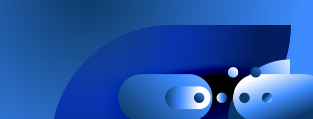 Abstract blue shapes overlap, creating dynamic composition. Smooth gradients suggest depth, light interplay. Minimalist design evokes technology, innovation.