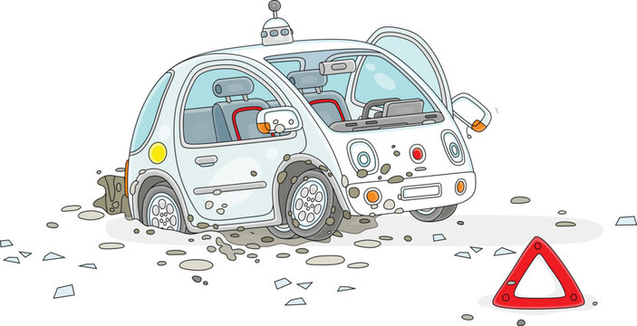 Cute small driverless electric car hit in a giant pothole in a road, vector cartoon illustrations isolated on a white background
