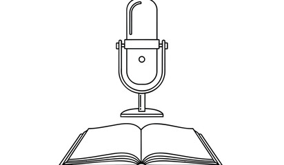 Microphone on stand over open book education and podcasting concept simple line drawing