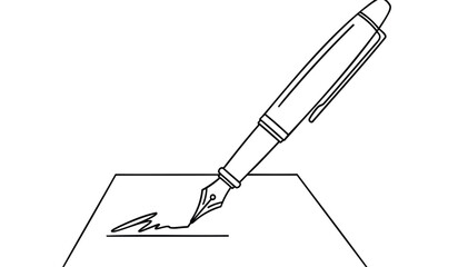 Fountain pen signing document on paper with elegant line art style and minimalist background