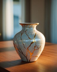 Ceramic Vase on Wooden Table with Golden Repair in Soft Sunlight