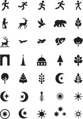 Fototapeta premium Collection of black animal and nature icons in simple flat design with bold shapes and white background for web and mobile application