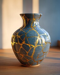 Beautiful Ceramic Vase with Golden Repairs on a Sunlit Wooden Table