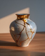 Beautiful Ceramic Vase with Golden Repair Glows in Soft Daylight Setting