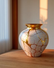 Artfully Restored Ceramic Vase Reflecting Warm Sunlight with Golden Touches
