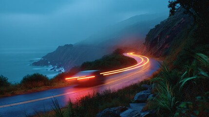 Autonomous Car on a Mystical Coastal Road During a Misty Twilight Drive