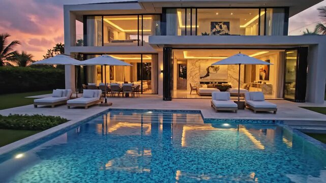 Evening view of a luxury home, featuring a pool with reflections and modern design, viewed from near the water level