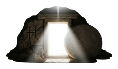 Resurrection scene ancient tomb digital mysterious illuminated isolated on transparent background