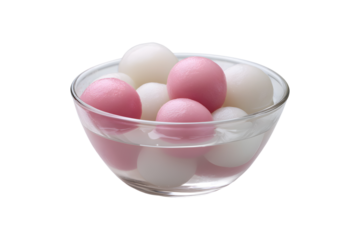 Pink and white tangyuan glutinous rice balls in sweet soup for Lunar New Year, isolated on transparent background