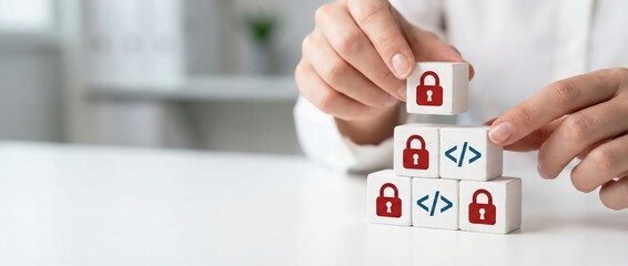 Woman building security with code blocks, cybersecurity concept, data protection and programming