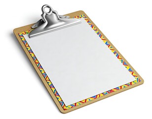 Angled clipboard with white paper, decorative border and metal clip