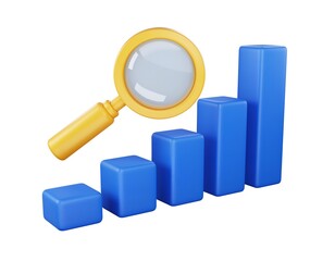 3D illustration magnifying glass over blue rising bar chart
