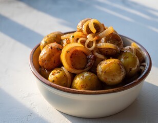Golden baby potatoes with onions in a white bowl, dappled sunlight