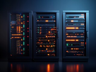 Data servers in a dark room light up with colorful displays as they run processes during a busy evening in a technology center